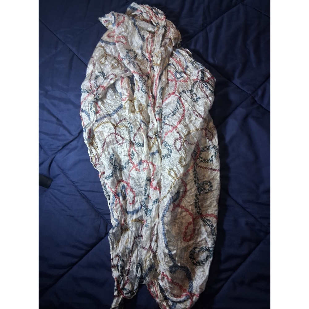 Tous 100% Silk Scarf Chain Link Print Crinkle Texture Cream Red Blue NWT